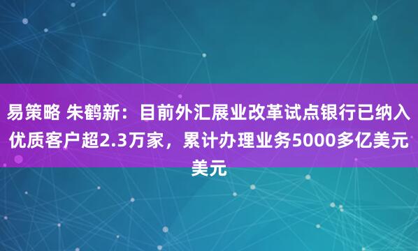 易策略 朱鹤新：目前外汇展业改革试点银行已纳入优质客户超2.3万家，累计办理业务5000多亿美元